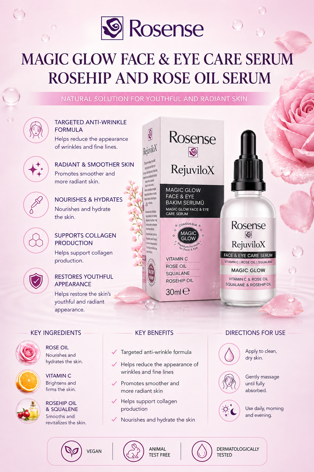 010 Rosense RejuviloX Magic Glow Face & Eye Care Serum – 30ml - Image 3